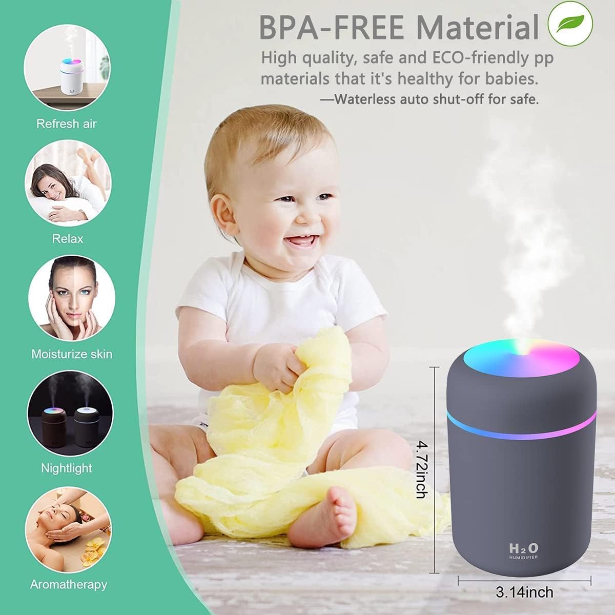 300ml Essential Oil Diffuser & Humidifier – Ultrasonic Cool Mist with Quiet Operation, LED Lights – Aromatherapy Air Freshener for Home, Office,Cars.